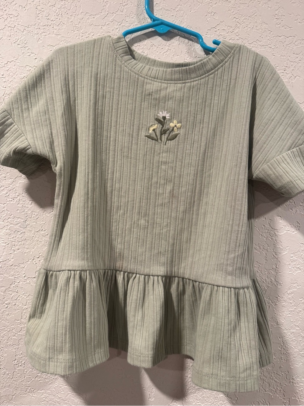 Cat & Jack Sage Green Ribbed Ruffle Top with Floral Embroidery